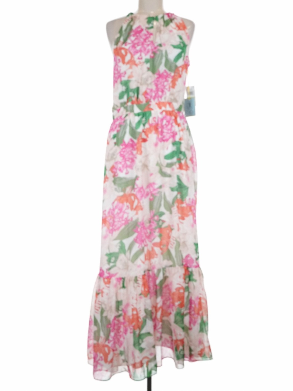 NWT CECE Floral Sleeveless Halter Tie Neck Ruffle Hem Lined Maxi Dress Size 8 - Picture 3 of 6